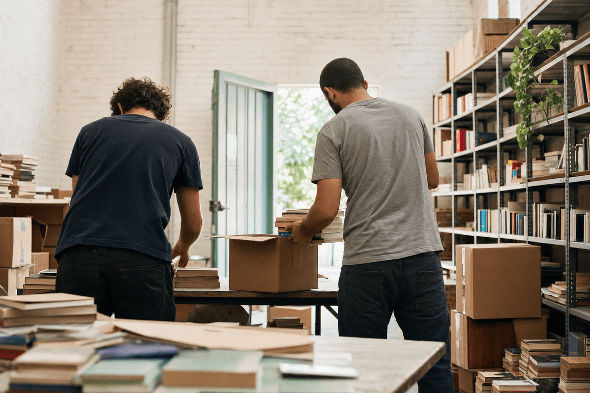 Alberto y Andrés clasificando libros de segunda mano para enviar