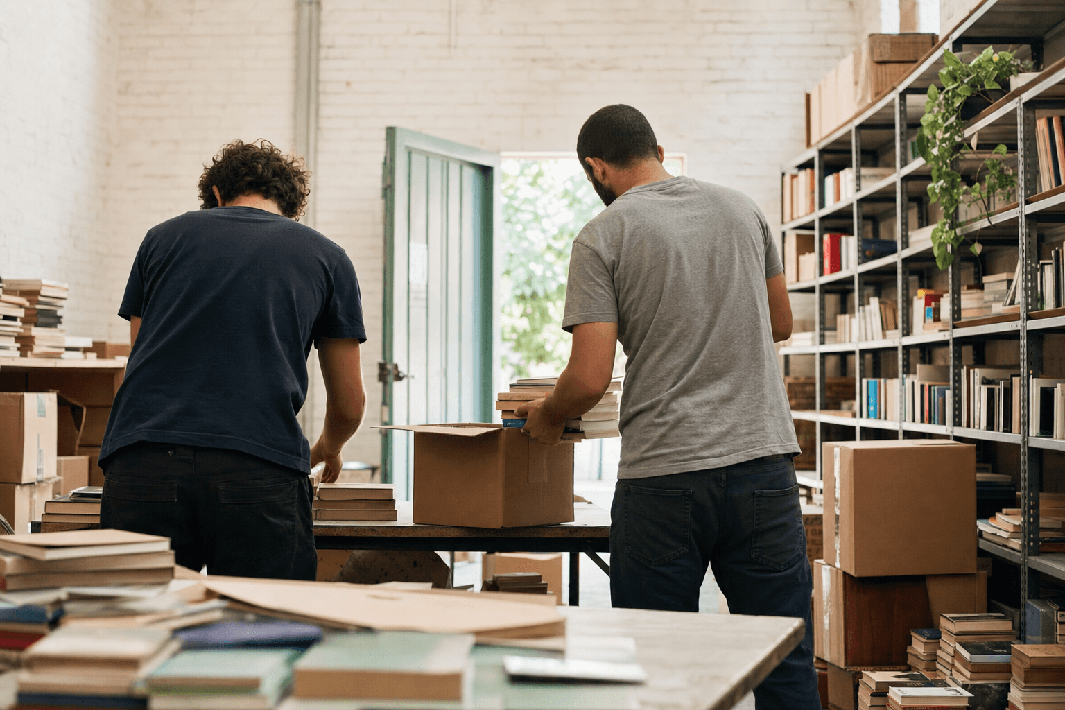 Alberto y Andrés clasificando libros de segunda mano para enviar