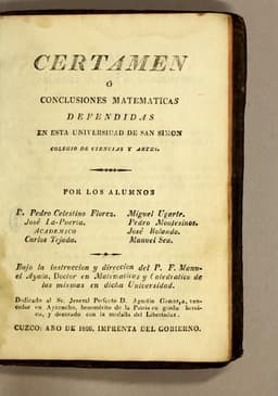 Portada de Certamen ó Conclusiones matematicas defendidas en esta Universidad se San Simon Colegio de Ciencias y Artes