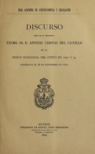 Portada de Discurso lei do en la sesio n inaugural del curso de 1892 a 93, celebrada el 28 de noviembre de 1892