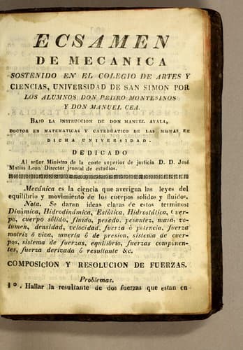 Portada de Escamen de mecanica sostenido en el Colegio de Artes y Ciencias, Universidad de San Simon