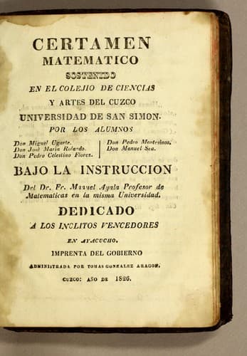 Portada de Certamen matematico sostenido en el Colejio de Ciencias y Artes de Cuzco Universidad de San Simon